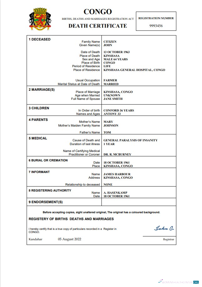 Download Congo death certificate Word and PDF template Photoshop template